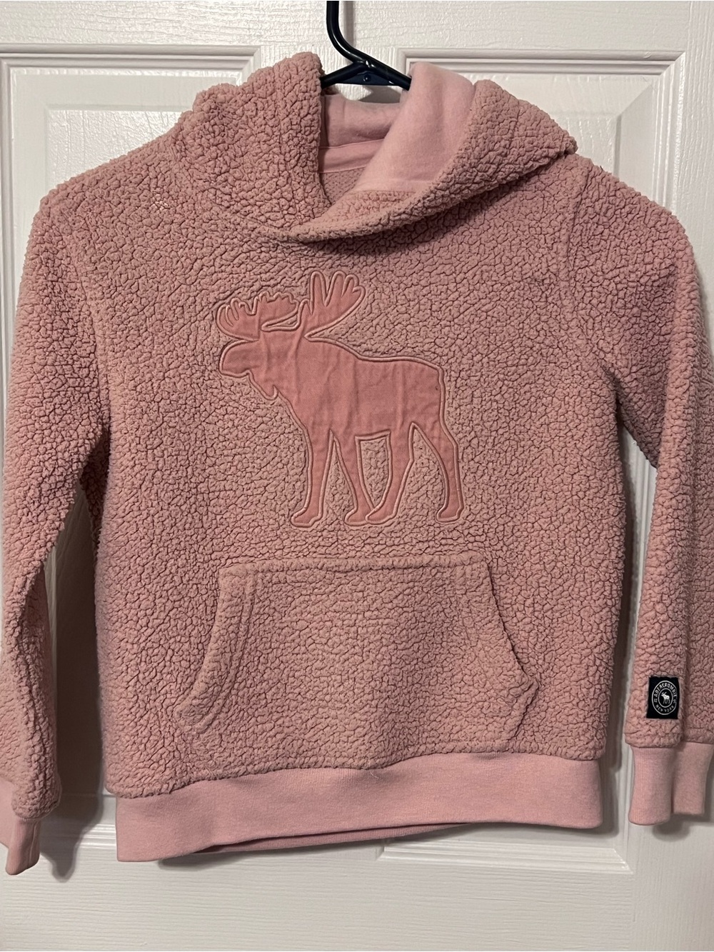 Abercrombie Kids Girls 7/8 Pink Sherpa Moose Hoodie Fleece Pullover
